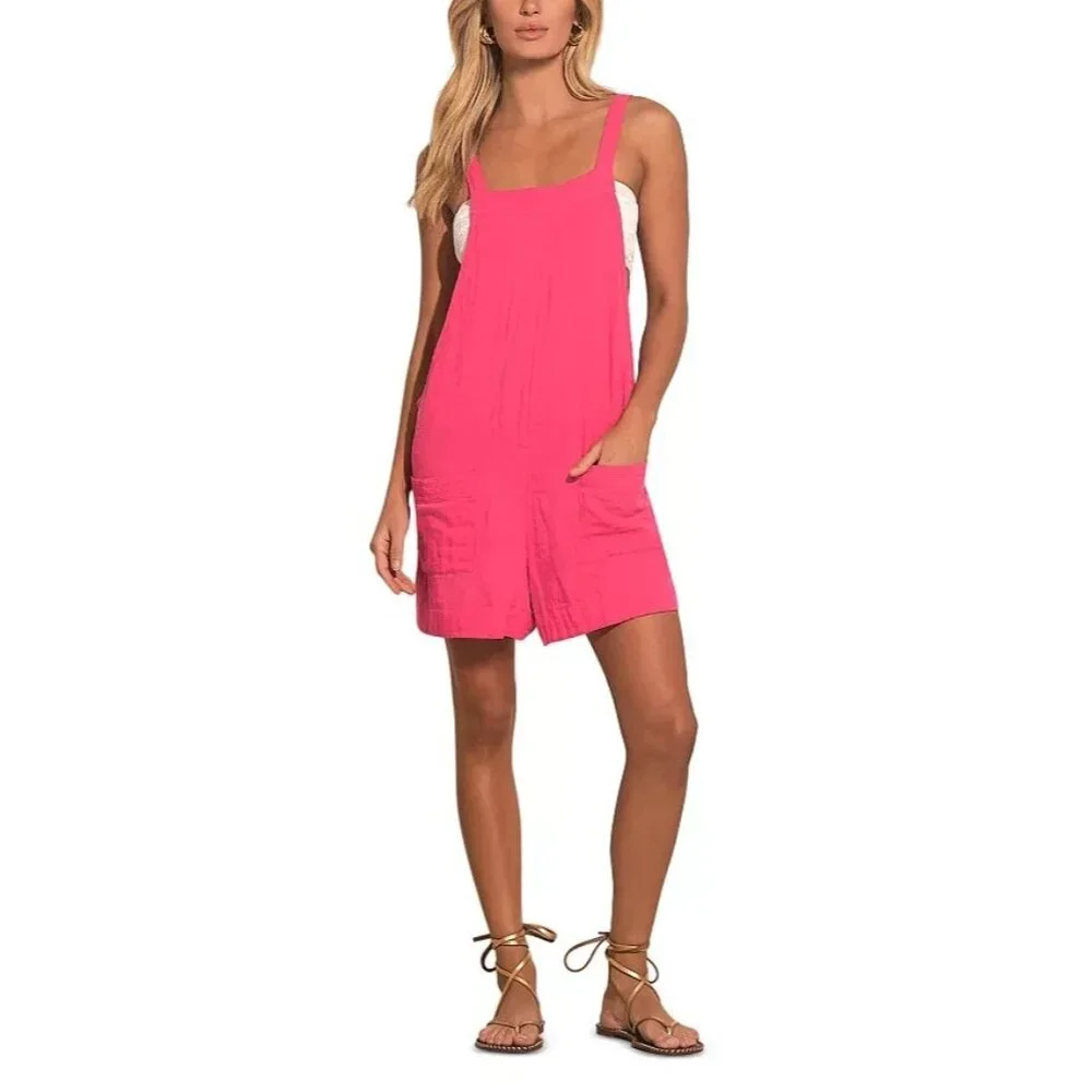 Elan Square Neck Cover Up Romper Women's XL Bright Pink Cotton Gauze Pull On - Picture 5 of 5